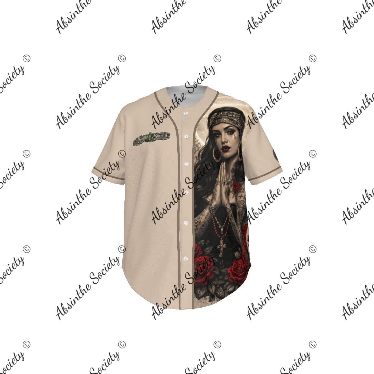 La Jugadora | All-Over Print Pinstripe Baseball Jersey | Dark Chicana Gothic Streetwear White