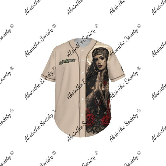 La Jugadora | All-Over Print Pinstripe Baseball Jersey | Dark Chicana Gothic Streetwear White