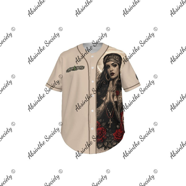 La Jugadora | All-Over Print Pinstripe Baseball Jersey | Dark Chicana Gothic Streetwear White