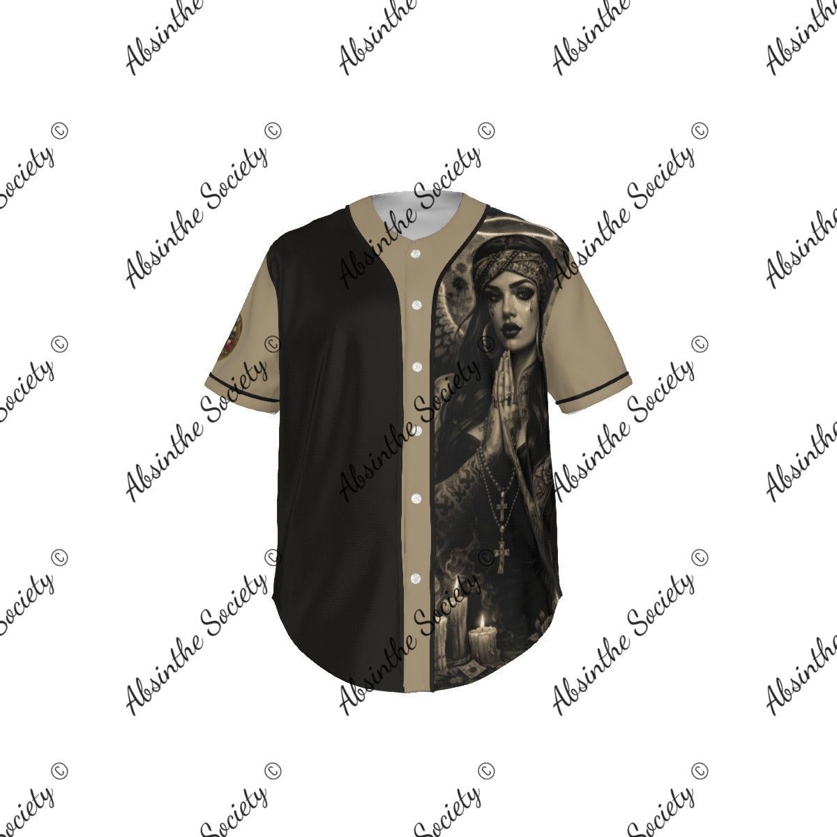 Angel del Barrio Baseball Jersey | Dark Chicano Streetwear | Absinthe Society White