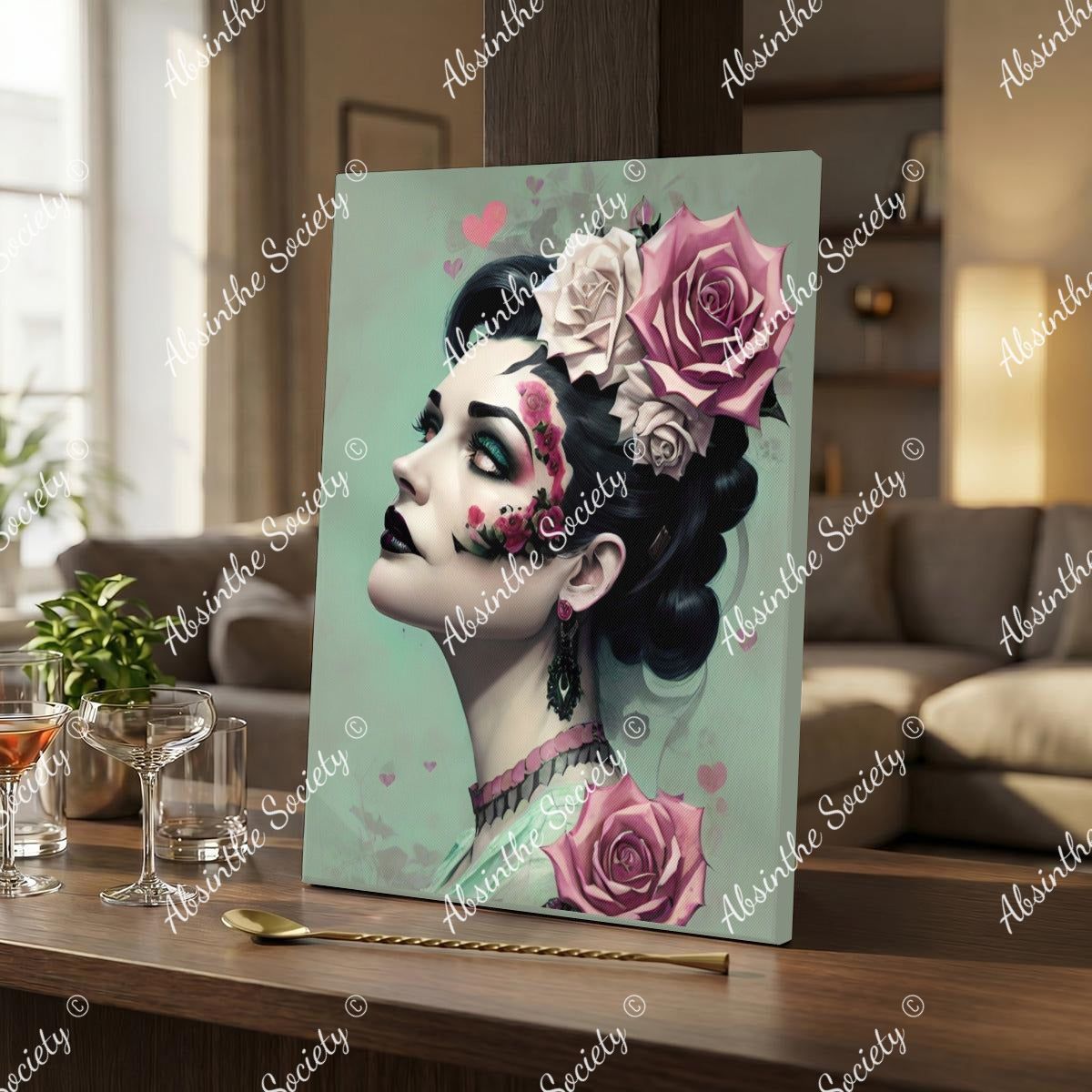 Victorian Catrina | Framed Canvas Wall Art | Dark Chicana Gothic Home Décor 30x41cm(12"x16") White