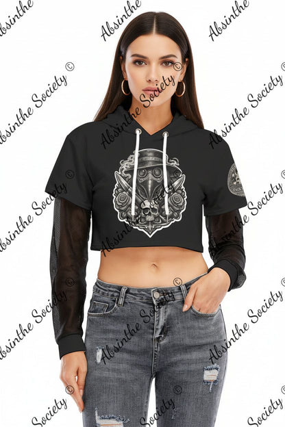 La Vida Toxica - Plague Saint &Widow Grayscale - Mesh Sleeve Cropped Hoodie White