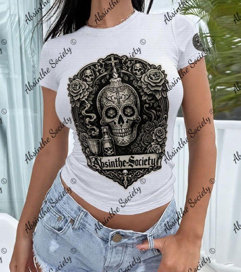 Sugar Skull | White Print Slim-Fit T-Shirt | Día de los Muertos | Absinthe Society White
