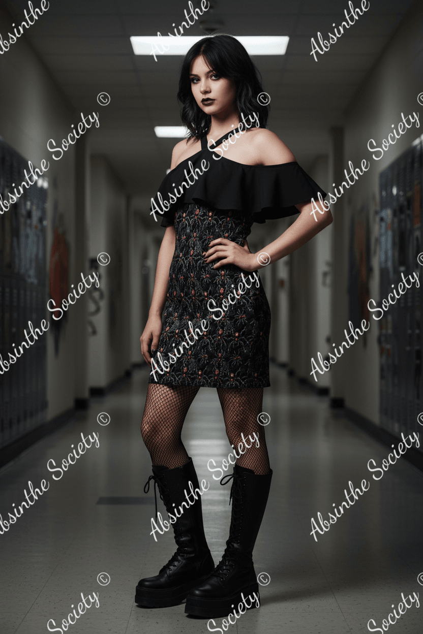 Spider Web Cold Shoulder Ruffle Dress - Arach-No-Phobia Gothic Mini