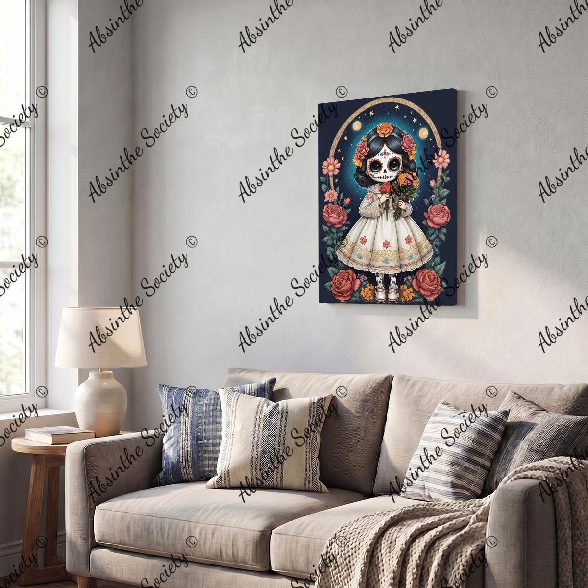 La Catrina Chiquita | Chibi Dark Catrina Pink Roses Framed Canvas Wall Art | Chicana Gothic Décor