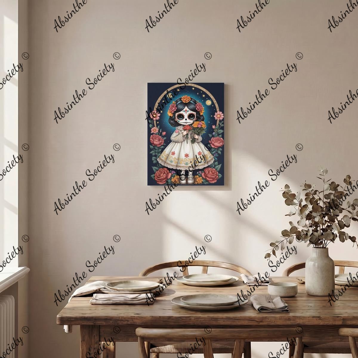 La Catrina Chiquita | Chibi Dark Catrina Pink Roses Framed Canvas Wall Art | Chicana Gothic Décor