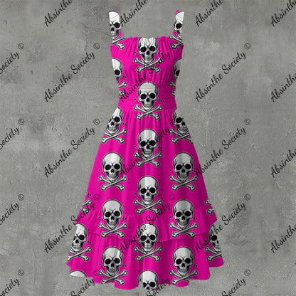 Skull Ritual Pink Electric - Ruffle Hem Dress White