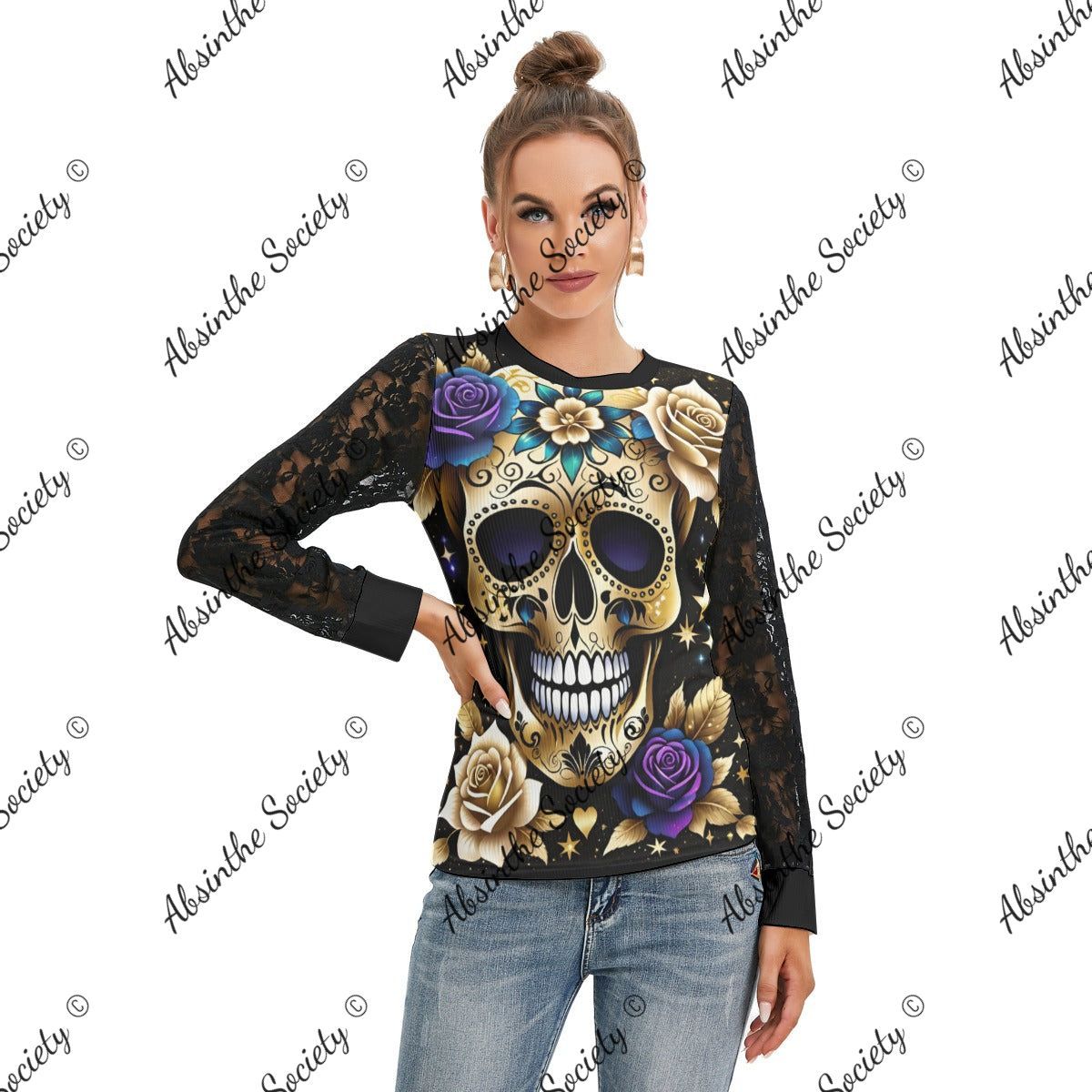 Lush Skull Garden Black Lace Sleeve Blouse White