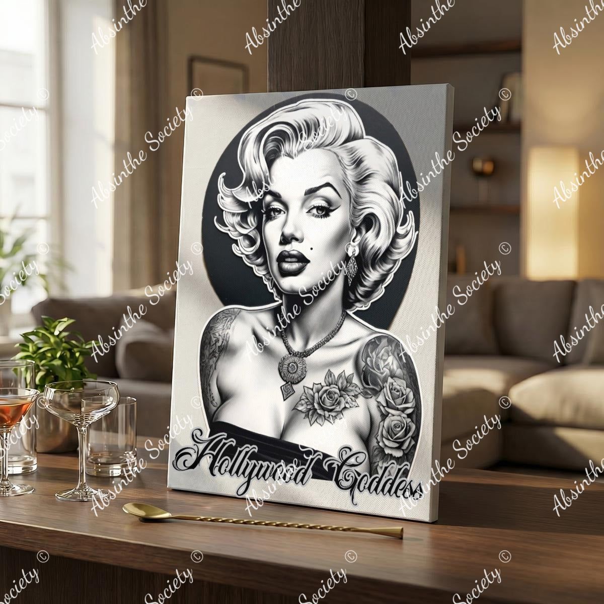 Hollywood Goddess | Marilyn Monroe Framed Canvas Wall Art | Dark Glamour Chicana Décor 30x41cm(12"x16") White