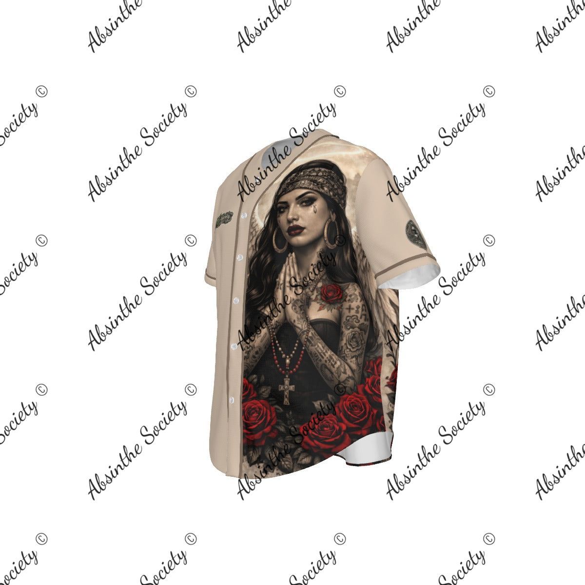 La Jugadora | All-Over Print Pinstripe Baseball Jersey | Dark Chicana Gothic Streetwear