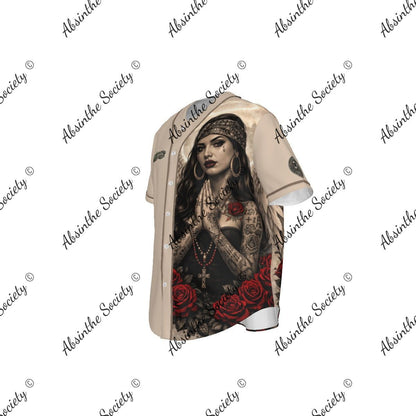 La Jugadora | All-Over Print Pinstripe Baseball Jersey | Dark Chicana Gothic Streetwear