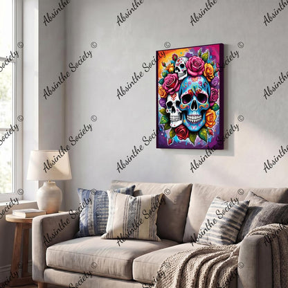 Las Calaveras | Sugar Skull Bright Floral Framed Canvas Wall Art | Chicana Gothic Décor