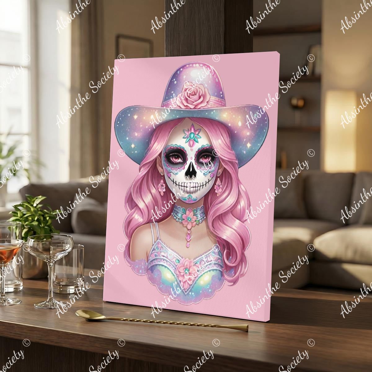 Pastel Catrina | Framed Canvas Wall Art | Dark Chicana Gothic Home Décor 30x41cm(12"x16") White