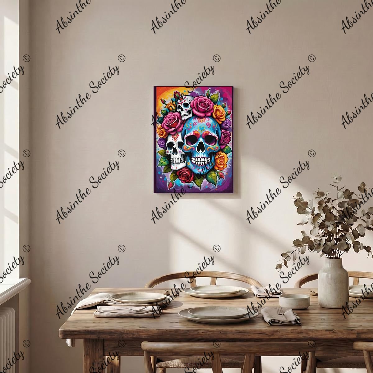 Las Calaveras | Sugar Skull Bright Floral Framed Canvas Wall Art | Chicana Gothic Décor