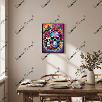 Las Calaveras | Sugar Skull Bright Floral Framed Canvas Wall Art | Chicana Gothic Décor