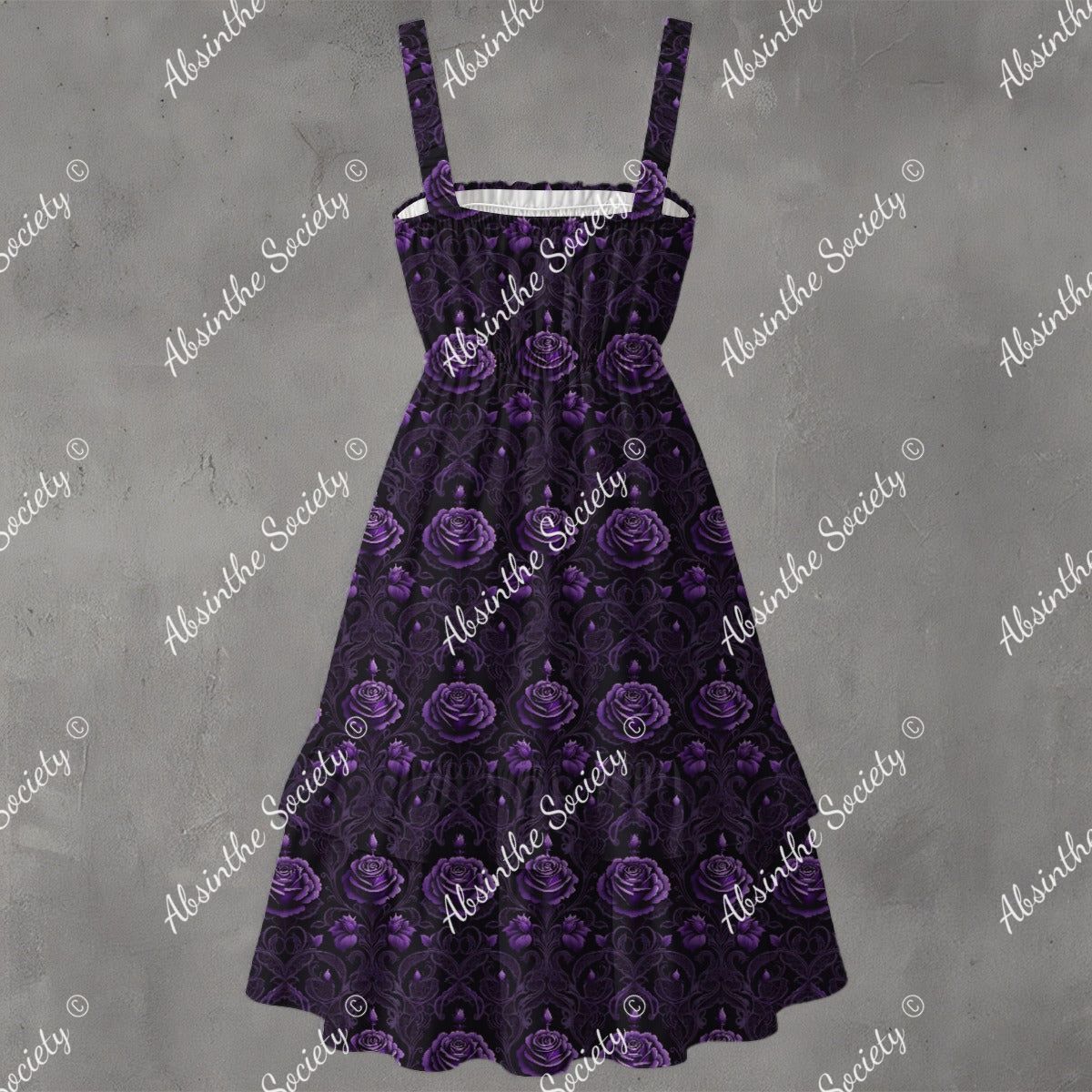 Moonlit Garden Ruffle Hem Dress - Gothic Floral Elegant
