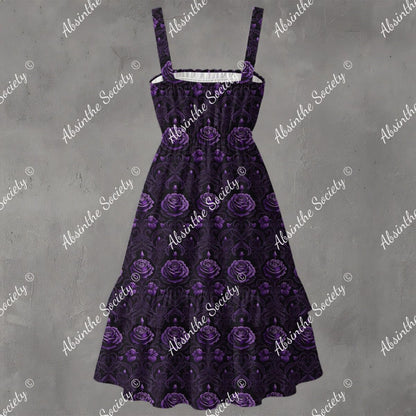 Moonlit Garden Ruffle Hem Dress - Gothic Floral Elegant