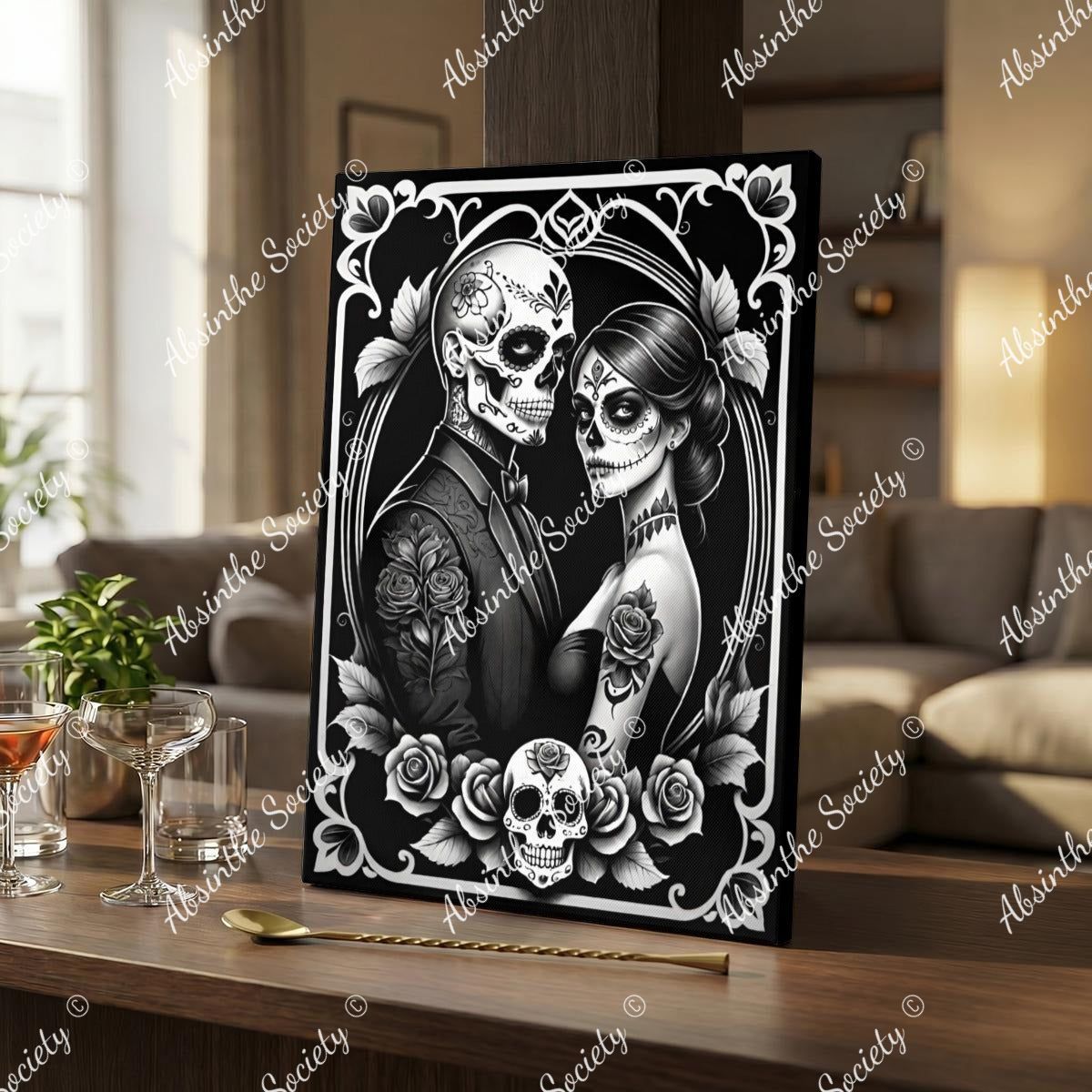 Ghostly Glamour | Framed Canvas Wall Art | Dark Chicana Gothic Décor 30x41cm(12"x16") White