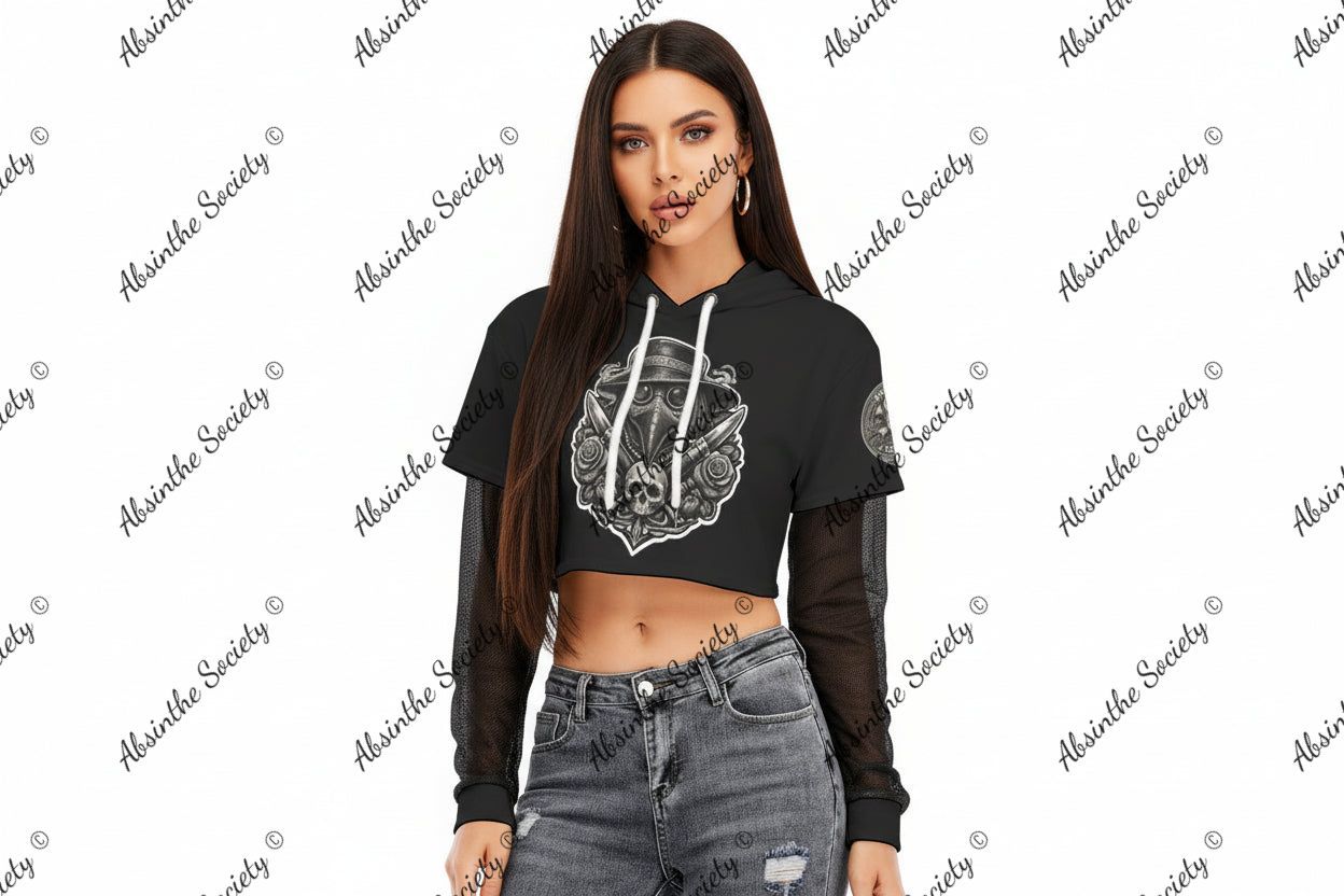 La Vida Toxica - Plague Saint &Widow Grayscale - Mesh Sleeve Cropped Hoodie