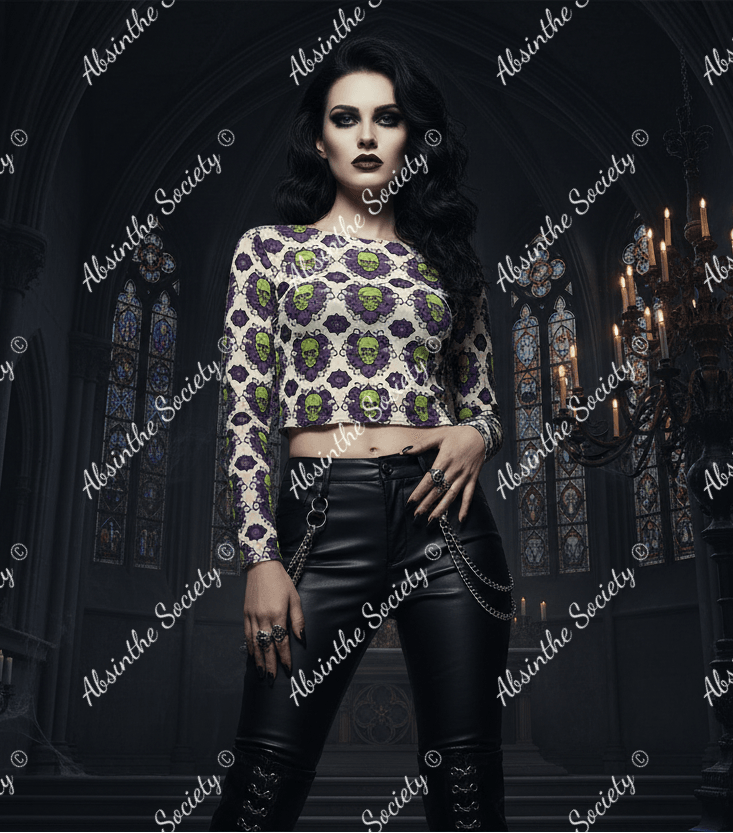 Absinthe Haze Cropped Mesh Long Sleeves T-shirt - Gothic Green Fairy