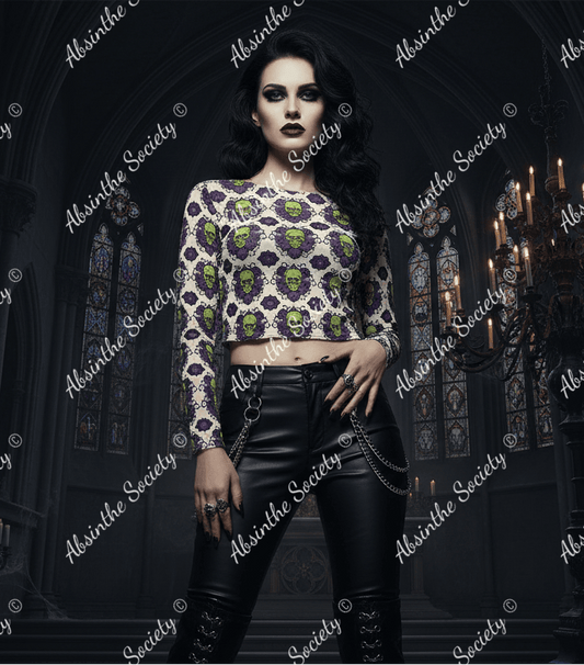 Absinthe Haze Cropped Mesh Long Sleeves T-shirt - Gothic Green Fairy