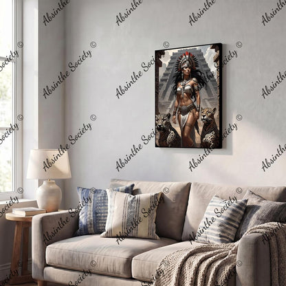 Jaguar Queen | Framed Canvas Wall Art | Dark Chicana Mesoamerican Gothic Décor