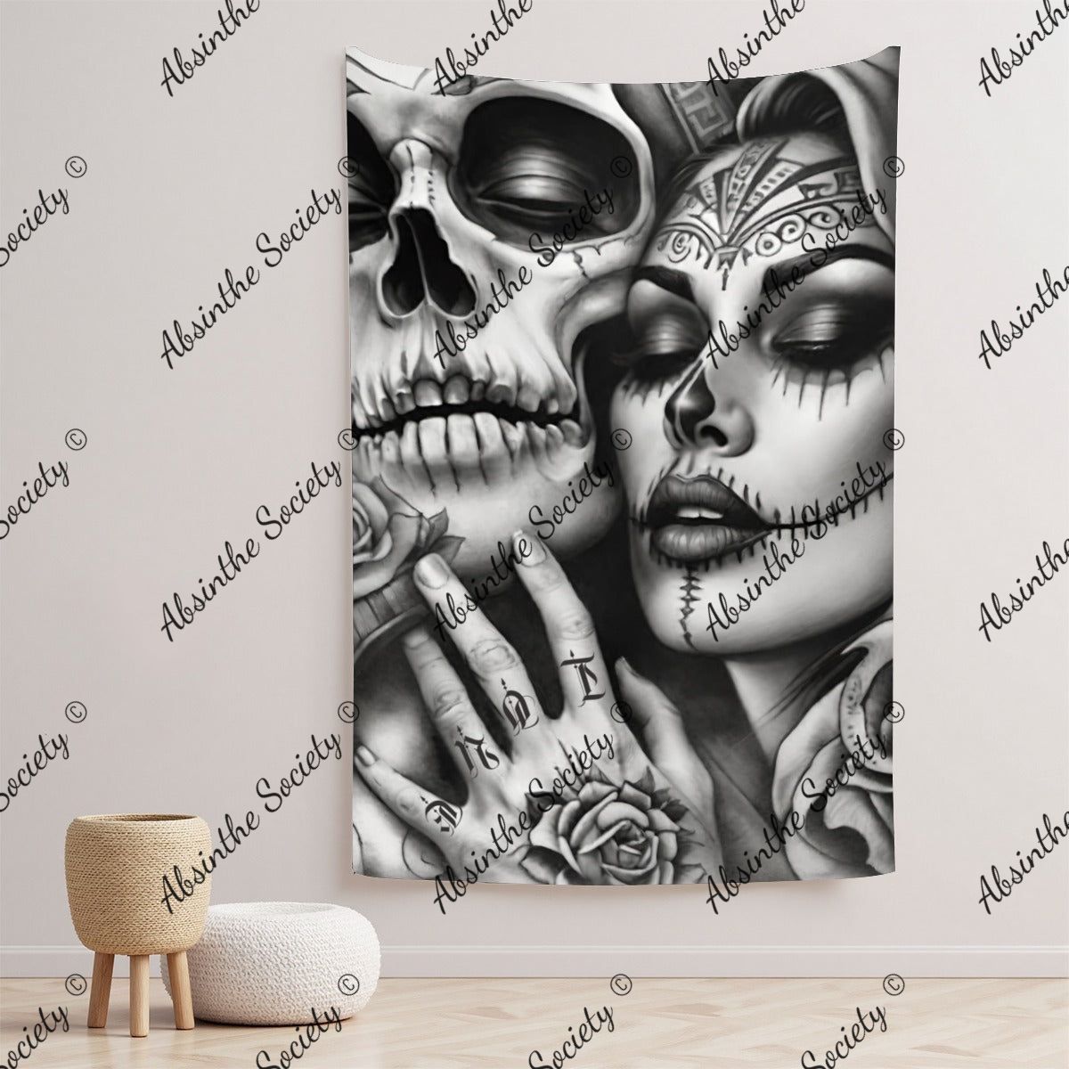 Love N Death | Wall Tapestry | Dark Chicana Gothic Home Décor Black