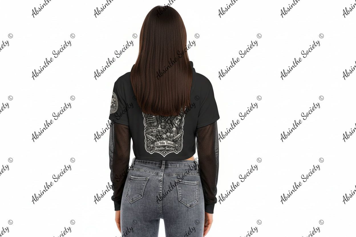 La Vida Toxica - Plague Saint &Widow Grayscale - Mesh Sleeve Cropped Hoodie
