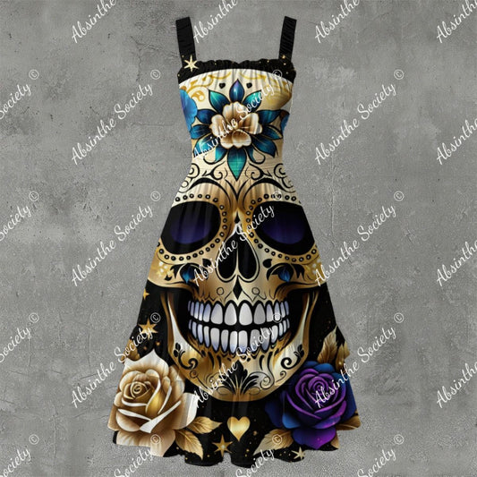 Lush Skull Garden - Ruffle Hem Dress White
