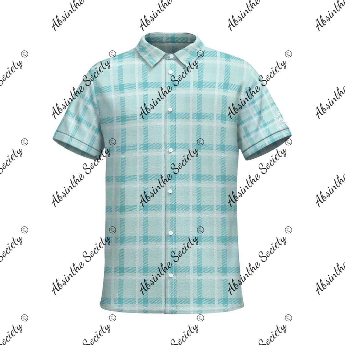 Teal Absinthe Society Plaid -White Sleeve Logo- Button Collared Shirt White