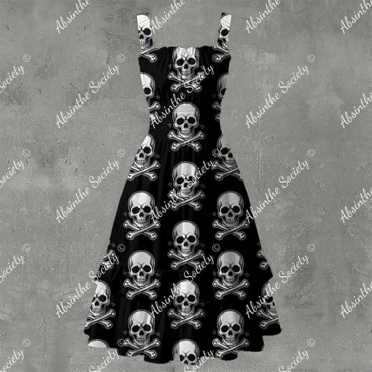 Skull Ritual Black- Ruffle Hem Dress White