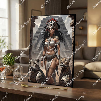 Jaguar Queen | Framed Canvas Wall Art | Dark Chicana Mesoamerican Gothic Décor 30x41cm(12"x16") White