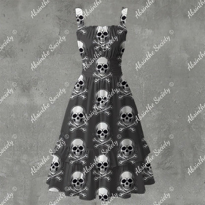 Skull Ritual Gray - Ruffle Hem Dress White