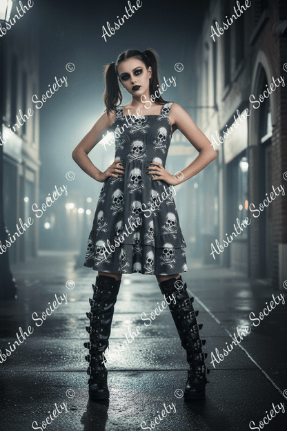 Skull Ritual Gray - Ruffle Hem Dress
