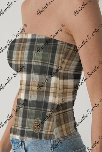 Street Plaid | Brown & Tan Double-Layer Strapless Top | Chicana Earthtone Streetwear