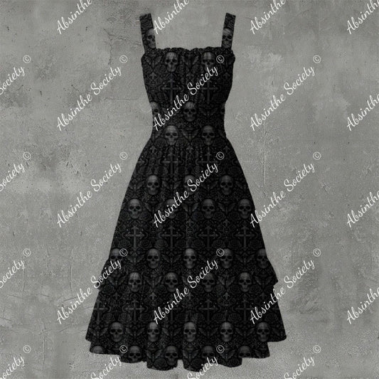 Ethereal Noir Ruffle Hem Dress - Gothic Elegant Mysterious White
