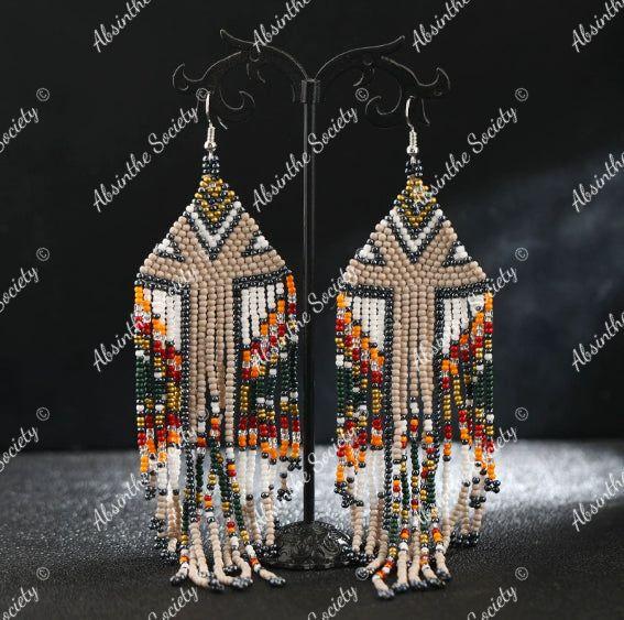 Chalchiuh | Hand-Woven Glass Bead Tassel Earrings Light coffee mixed colours