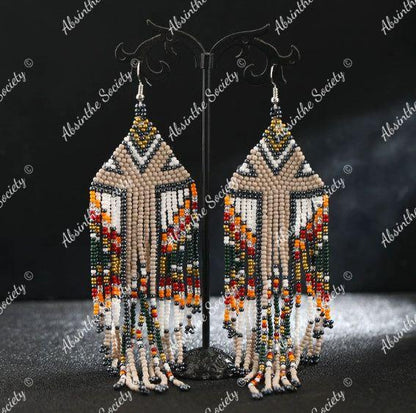 Chalchiuh | Hand-Woven Glass Bead Tassel Earrings Light coffee mixed colours