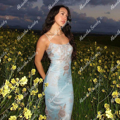Blue Floral Midi to Long Slip Dress | Sheer Spaghetti Strap