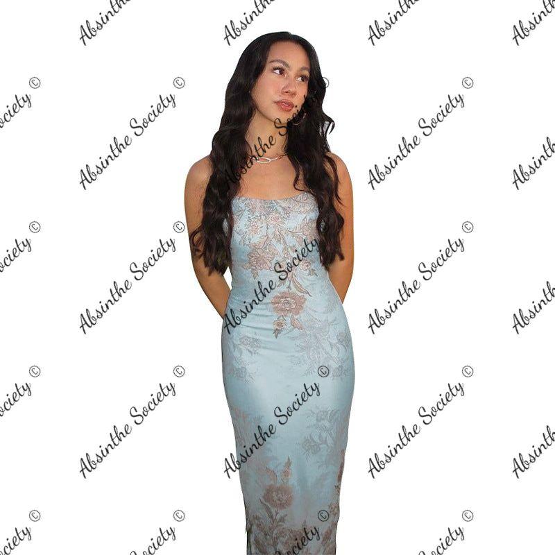Blue Floral Midi to Long Slip Dress | Sheer Spaghetti Strap Blue