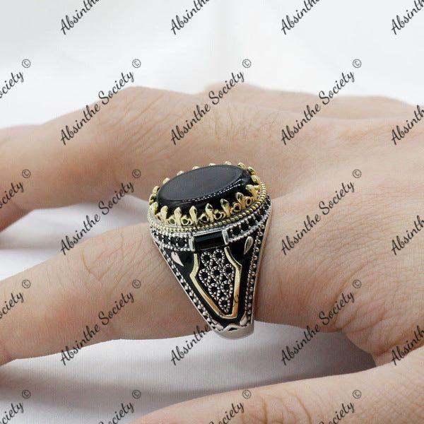 Itztli | Black Natural Agate 925 Sterling Silver Ring
