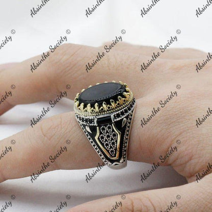 Itztli | Black Natural Agate 925 Sterling Silver Ring