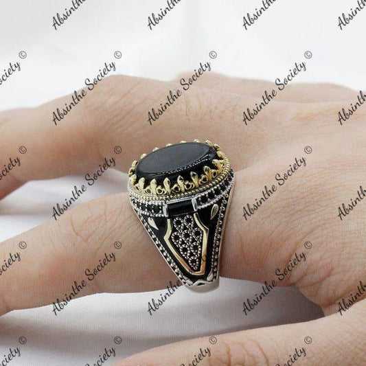 Itztli | Black Natural Agate 925 Sterling Silver Ring