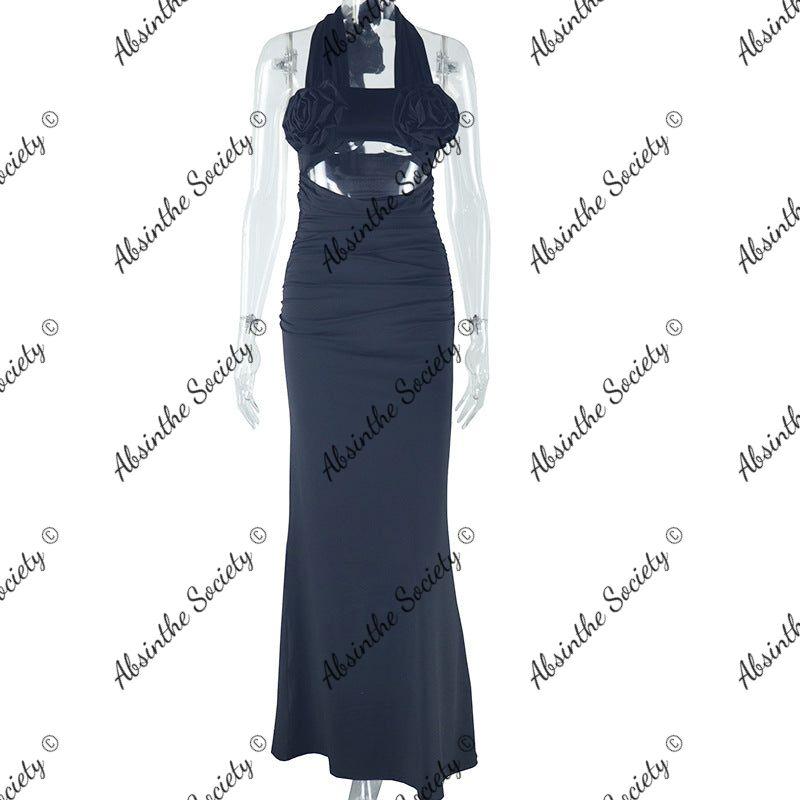 3D Flower Halter Neck Pencil Dress | High Waist Long Black