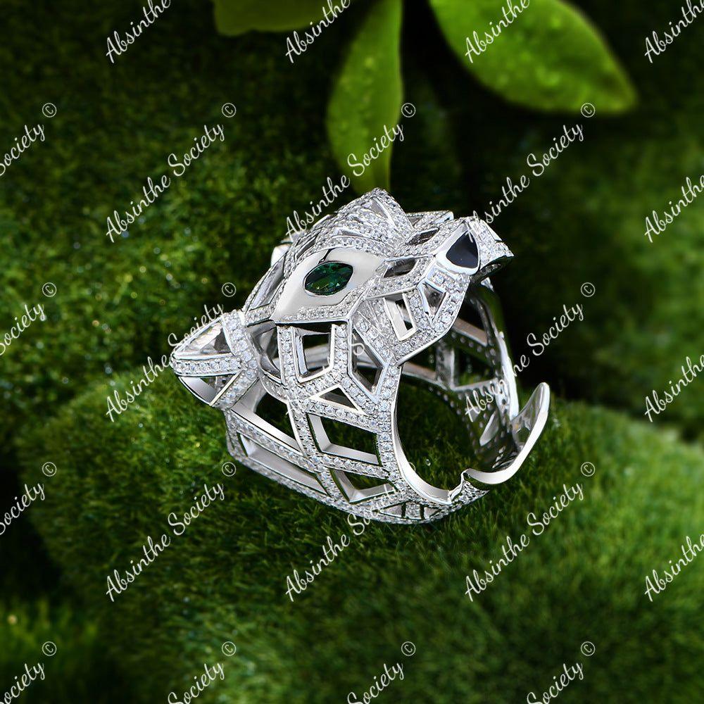 Ocelotl | Jaguar Head Micro-Inlaid Diamond Sterling Silver Ring White Gold Color