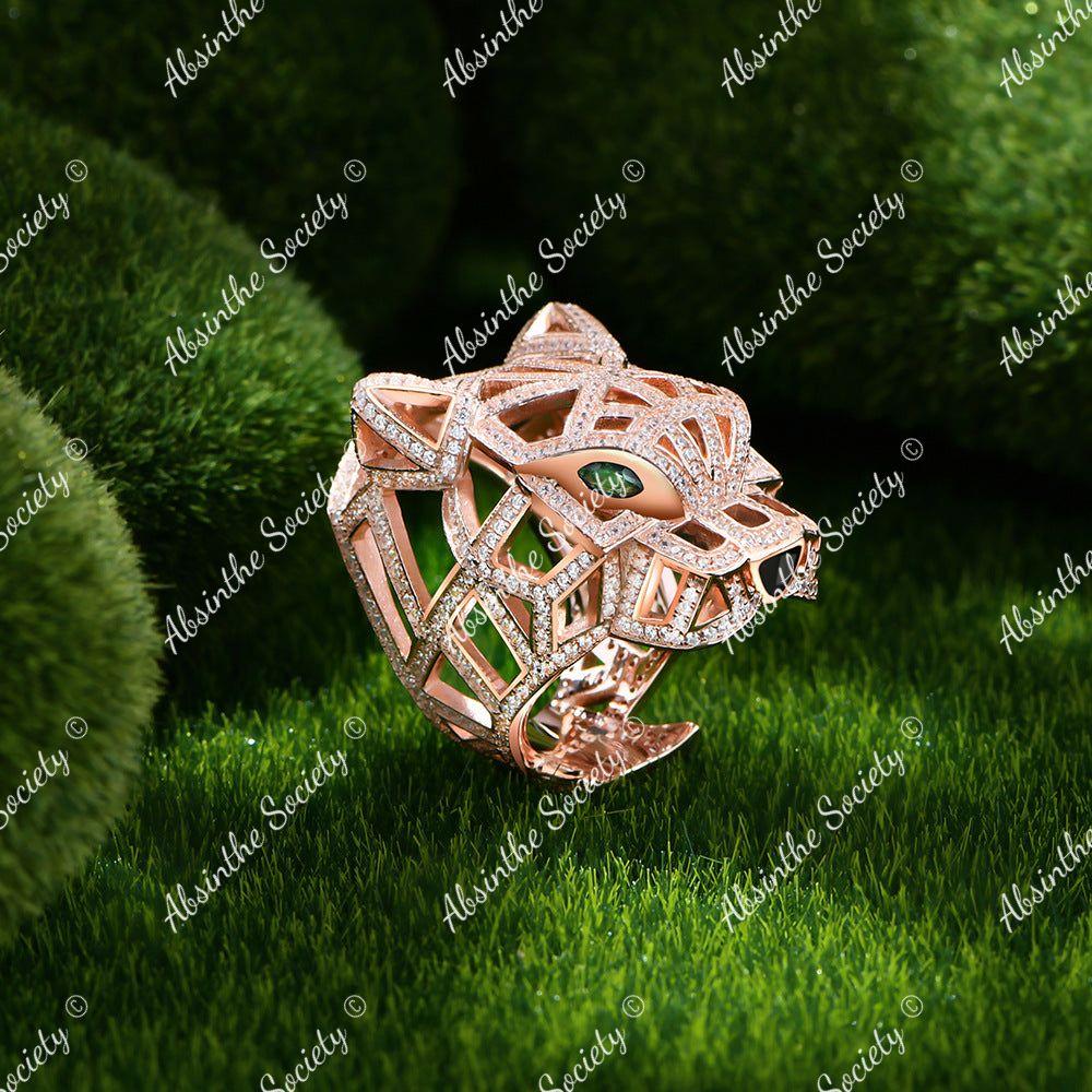 Ocelotl | Jaguar Head Micro-Inlaid Diamond Sterling Silver Ring Rose Gold