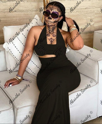 3D Flower Halter Neck Pencil Dress | High Waist Long