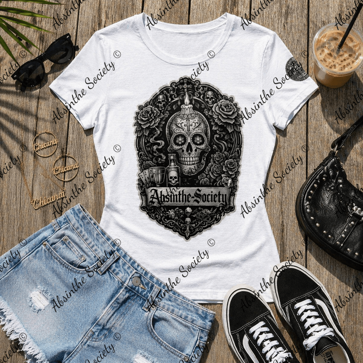 Sugar Skull | White Print Slim-Fit T-Shirt | Día de los Muertos | Absinthe Society