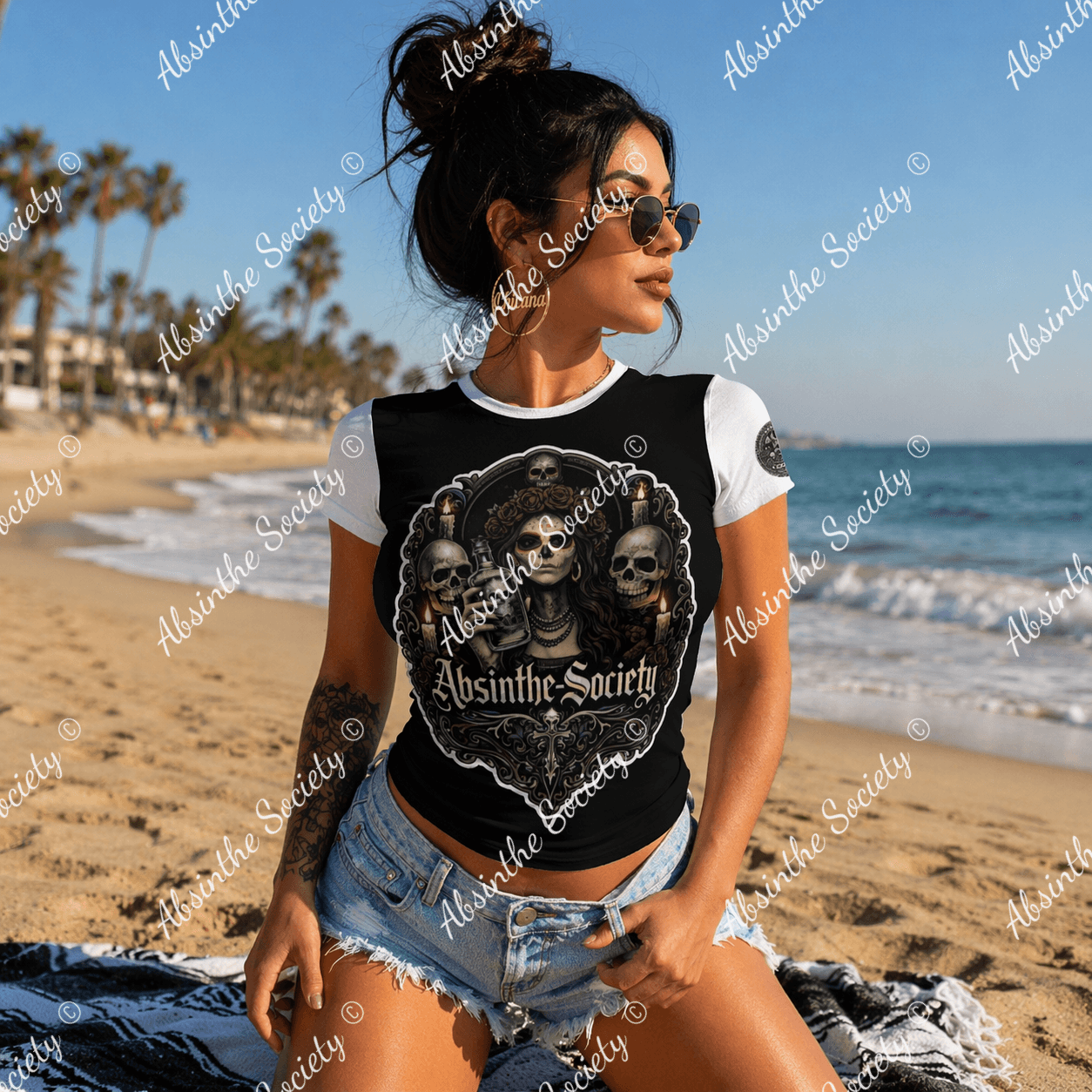 La Catrina de Absinthe Society | Raglan Slim-Fit T-Shirt | Día de los Muertos Chicano Streetwear