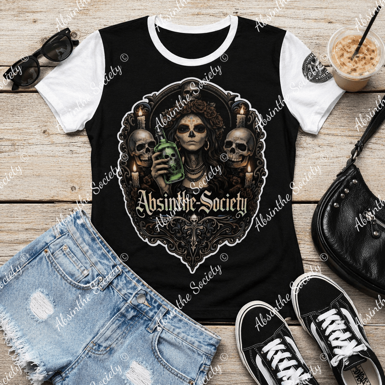 La Catrina de Absinthe Society | Raglan Slim-Fit T-Shirt | Día de los Muertos Chicano Streetwear